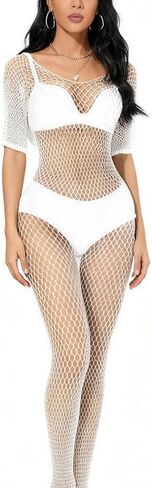 Women's Fishing net Bodysuit, Sexy Mesh Jumpsuit, High Elasticity Rave Outfits One Size in Kuwait