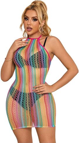Bodystocking for Women Rainbow Fishnet Halter Mini Dress Strapless Bodycon Plus Size Lingerie Curvy in Saudi Arabia