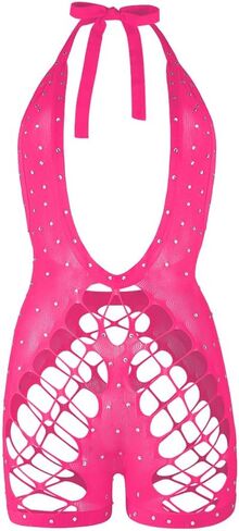 SIQITECHNO Women Sparkle Rhinestone Lingerie Fishnet Bodysuit Sexy See Through Body Suit Cross Neck Mesh Top Rave Outfits in Saudi Arabia