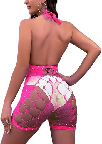 SIQITECHNO Women Sparkle Rhinestone Lingerie Fishnet Bodysuit Sexy See Through Body Suit Cross Neck Mesh Top Rave Outfits in Saudi Arabia