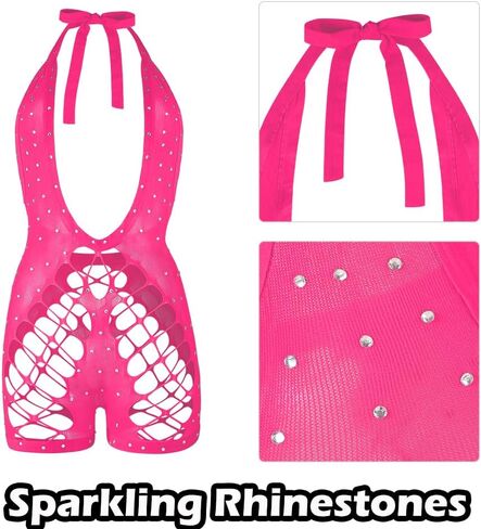 SIQITECHNO Women Sparkle Rhinestone Lingerie Fishnet Bodysuit Sexy See Through Body Suit Cross Neck Mesh Top Rave Outfits in Saudi Arabia