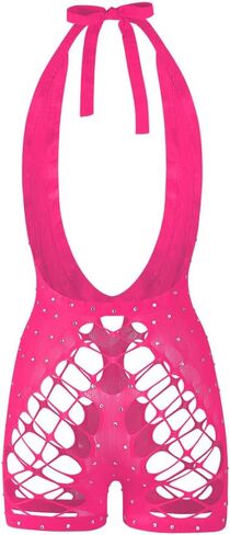 SIQITECHNO Women Sparkle Rhinestone Lingerie Fishnet Bodysuit Sexy See Through Body Suit Cross Neck Mesh Top Rave Outfits in Saudi Arabia