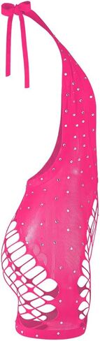 SIQITECHNO Women Sparkle Rhinestone Lingerie Fishnet Bodysuit Sexy See Through Body Suit Cross Neck Mesh Top Rave Outfits in Saudi Arabia