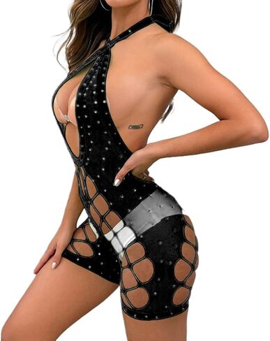 SIQITECHNO Women Sparkle Rhinestone Lingerie Fishnet Bodysuit Sexy See Through Body Suit Cross Neck Mesh Top Rave Outfits in Saudi Arabia