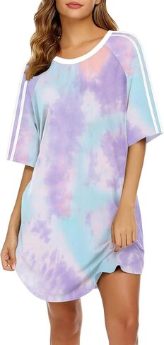 Ekouaer Nightgowns for Women Short Sleeves Sleep Shirt Crew Neck Night Shirt Colorblock Sleep Dress in Kuwait