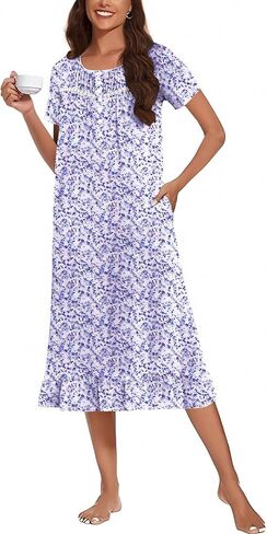 Ekouaer Cotton Nightgowns for Women Soft Long Button Night Gowns Comfy House Dress with Pockets Short Sleeve Sleepwear S-3XL in Kuwait