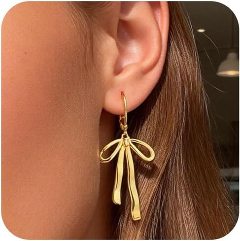 925 Sterling Silver Bow Dangle Earrings for Women 14K Gold Plated Bow Drop Dangle Earrings Silver Hypoallergenic Lightweight Leverback Dangling Christmas Earrings for Women Trendy Jewelry Gift in Saudi Arabia
