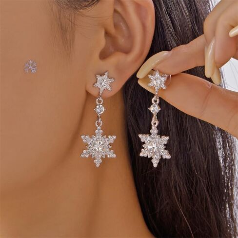 Christmas Snowflake Earring for Women Dainty Snowflake Pearl Drop Dangle Earrings Sparkly White Zirconia Snowflakes Stud Earrings Christmas costume Jewelry Gifts in Saudi Arabia