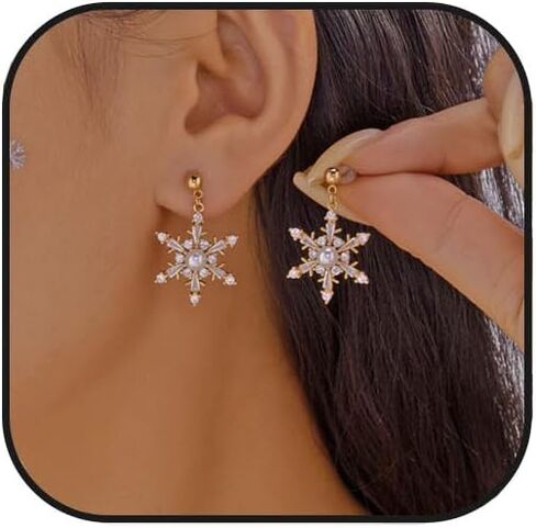Christmas Snowflake Earring for Women Dainty Snowflake Pearl Drop Dangle Earrings Sparkly White Zirconia Snowflakes Stud Earrings Christmas costume Jewelry Gifts in Saudi Arabia