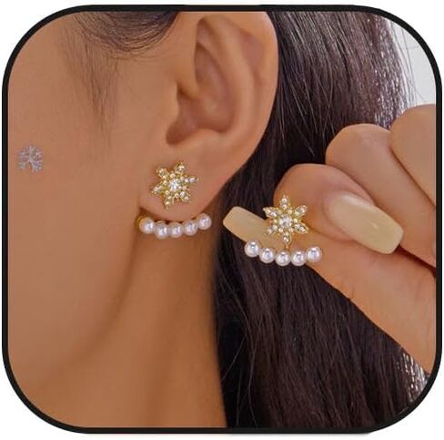 Christmas Snowflake Earring for Women Dainty Snowflake Pearl Drop Dangle Earrings Sparkly White Zirconia Snowflakes Stud Earrings Christmas costume Jewelry Gifts in Saudi Arabia