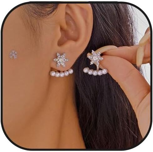 Christmas Snowflake Earring for Women Dainty Snowflake Pearl Drop Dangle Earrings Sparkly White Zirconia Snowflakes Stud Earrings Christmas costume Jewelry Gifts in Saudi Arabia