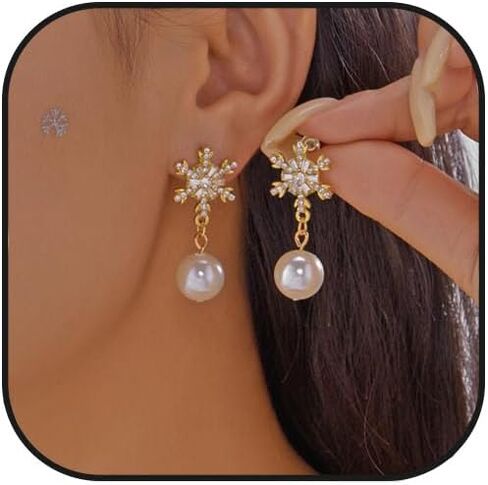 Christmas Snowflake Earring for Women Dainty Snowflake Pearl Drop Dangle Earrings Sparkly White Zirconia Snowflakes Stud Earrings Christmas costume Jewelry Gifts in Saudi Arabia