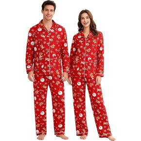 Matching Christmas Pajamas for Couples Long Sleeve Button Down PJ Set Soft Holiday Lounge Sleepwear for Women Men in Saudi Arabia