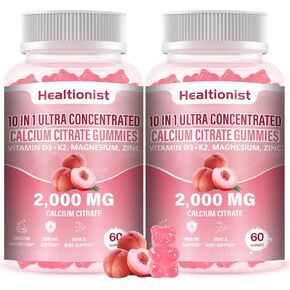 عبوتان من سترات الكالسيوم 2000 مجم مع مكملات فيتامين د3 ك2 للنساء والرجال، المغنيسيوم والزنك، عالية الامتصاص، دعم العظام والعضلات والمناعة، 120 قطعة علكة بنكهة الخوخ in Kuwait