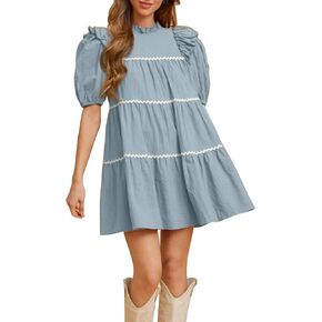 Women's Babydoll Dress Puff Sleeve Dress Pleated Ruffle Hem Mini Dresses Going Out Dresses in Saudi Arabia