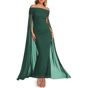 HESUUIO Elegant Off The Shoulder Dress Womens Formal Wedding Guest Cape Overlay Long Flowy Evening Party Dresses in Saudi Arabia