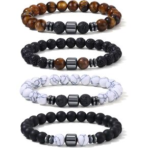 Giovanchi 4-12PCS Bracelets for Men, 8MM Mens Bracelets Lava Rock Black Obsidian Howlite Tiger Eye Beaded Natural Stone Bracelet Jewelry Gifts for Birthday Christmas in Kuwait