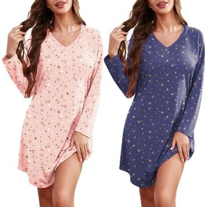 Marvmys 2 Pack Nightgowns for Women Long Sleeve Night Shirts Sleepwear V Neck Night Gown for Adult Women S-3XL in Kuwait