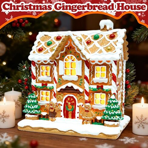 Bbiamsleep Gingerbread House Christmas Decorations Hand-Painted Resin Gingerbread House Village Figurine for Christmas Holiday Home Decor in Saudi Arabia