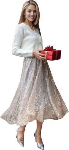 CHICWISH Women Tulle Mesh Sequin Skirts Elastic Waist Pleated Midi Skirt Sparkle Layered Flowy Fairy Tutu Skirts in Saudi Arabia