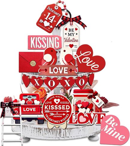 مجموعة 21 قطعة من ديكورات صينية عيد الحب - طائر الحب، ظرف، قلب الحب، ديكور صينية خشبية متعددة الطبقات، أحمر ووردي، تتضمن 20 نقطة لاصقة in Kuwait