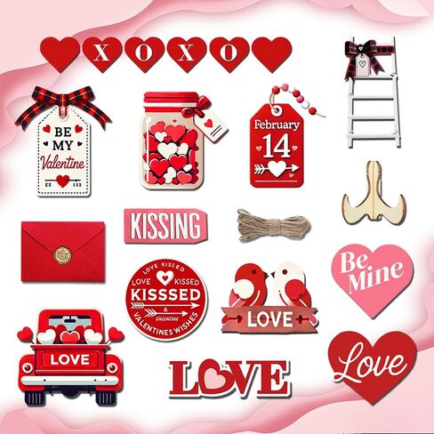 مجموعة 21 قطعة من ديكورات صينية عيد الحب - طائر الحب، ظرف، قلب الحب، ديكور صينية خشبية متعددة الطبقات، أحمر ووردي، تتضمن 20 نقطة لاصقة in Kuwait