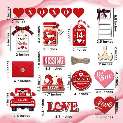 مجموعة 21 قطعة من ديكورات صينية عيد الحب - طائر الحب، ظرف، قلب الحب، ديكور صينية خشبية متعددة الطبقات، أحمر ووردي، تتضمن 20 نقطة لاصقة in Kuwait