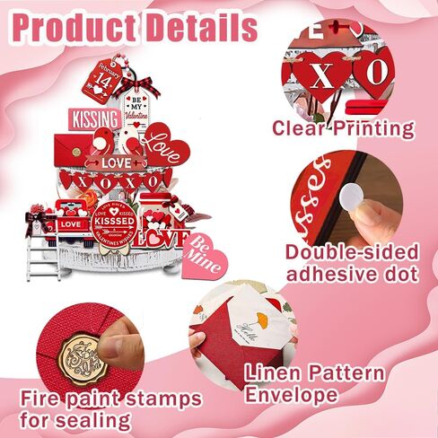 مجموعة 21 قطعة من ديكورات صينية عيد الحب - طائر الحب، ظرف، قلب الحب، ديكور صينية خشبية متعددة الطبقات، أحمر ووردي، تتضمن 20 نقطة لاصقة in Kuwait