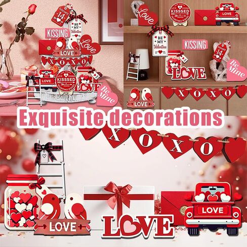 مجموعة 21 قطعة من ديكورات صينية عيد الحب - طائر الحب، ظرف، قلب الحب، ديكور صينية خشبية متعددة الطبقات، أحمر ووردي، تتضمن 20 نقطة لاصقة in Kuwait