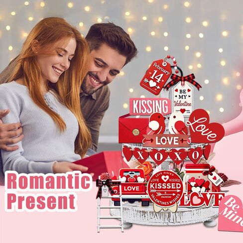 مجموعة 21 قطعة من ديكورات صينية عيد الحب - طائر الحب، ظرف، قلب الحب، ديكور صينية خشبية متعددة الطبقات، أحمر ووردي، تتضمن 20 نقطة لاصقة in Kuwait