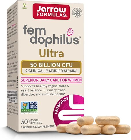Jarrow Formulas Fem-Dophilus Vaginal & Digestive Probiotic 50 Billion CFU, 9 Clinically-Studied Strains, for Vaginal Flora & Yeast Balance, Urinary Tract, Digestive, & Immune Support, 30 Capsules in Saudi Arabia