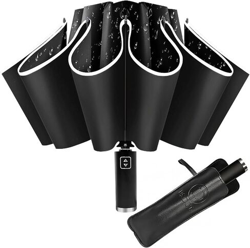 Inverted Umbrella - Windproof Travel Umbrella for Rain and Sun, Compact Reverse With 360° Reflective Stripe, Portable Auto Folding With Cover Bag for Women & Men, 10 Ribs in Saudi Arabia