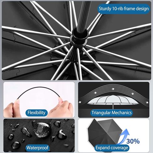 Inverted Umbrella - Windproof Travel Umbrella for Rain and Sun, Compact Reverse With 360° Reflective Stripe, Portable Auto Folding With Cover Bag for Women & Men, 10 Ribs in Saudi Arabia