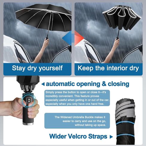 Inverted Umbrella - Windproof Travel Umbrella for Rain and Sun, Compact Reverse With 360° Reflective Stripe, Portable Auto Folding With Cover Bag for Women & Men, 10 Ribs in Saudi Arabia