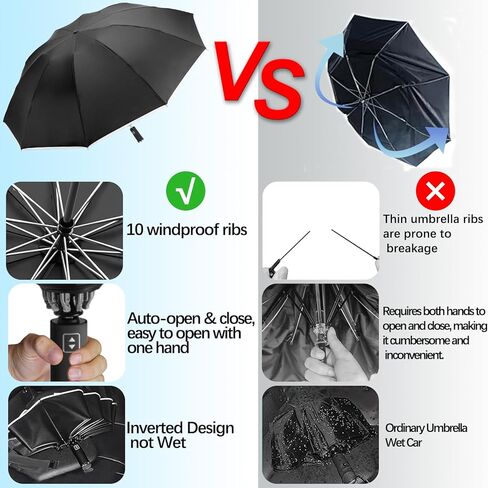 Inverted Umbrella - Windproof Travel Umbrella for Rain and Sun, Compact Reverse With 360° Reflective Stripe, Portable Auto Folding With Cover Bag for Women & Men, 10 Ribs in Saudi Arabia