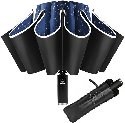 Inverted Umbrella - Windproof Travel Umbrella for Rain and Sun, Compact Reverse With 360° Reflective Stripe, Portable Auto Folding With Cover Bag for Women & Men, 10 Ribs in Saudi Arabia