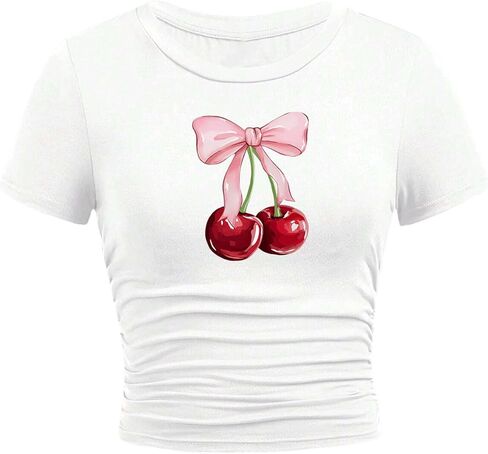 Girls Crop Tops Short Sleeve Ruched Sides Slim Fit Bow Cheery Graphic Tees Cute Summer Shirts in Saudi Arabia