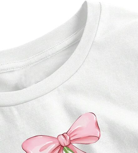 Girls Crop Tops Short Sleeve Ruched Sides Slim Fit Bow Cheery Graphic Tees Cute Summer Shirts in Saudi Arabia