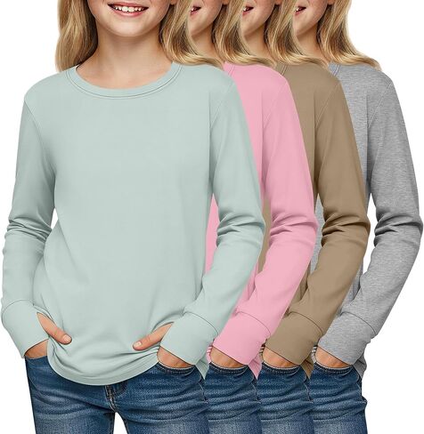 4 Pack Girls' Cotton Shirts with Thumb Holes Long Sleeve Basic Crew Neck Tops Casual Lightweight Tees 5-14Y in Saudi Arabia