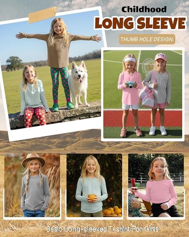 4 Pack Girls' Cotton Shirts with Thumb Holes Long Sleeve Basic Crew Neck Tops Casual Lightweight Tees 5-14Y in Saudi Arabia
