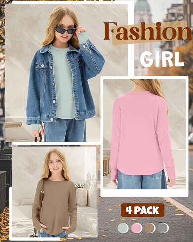 4 Pack Girls' Cotton Shirts with Thumb Holes Long Sleeve Basic Crew Neck Tops Casual Lightweight Tees 5-14Y in Saudi Arabia