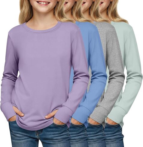 4 Pack Girls' Cotton Shirts with Thumb Holes Long Sleeve Basic Crew Neck Tops Casual Lightweight Tees 5-14Y in Saudi Arabia