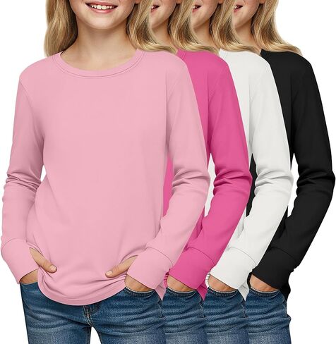 4 Pack Girls' Cotton Shirts with Thumb Holes Long Sleeve Basic Crew Neck Tops Casual Lightweight Tees 5-14Y in Saudi Arabia