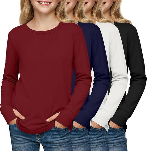 4 Pack Girls' Cotton Shirts with Thumb Holes Long Sleeve Basic Crew Neck Tops Casual Lightweight Tees 5-14Y in Saudi Arabia