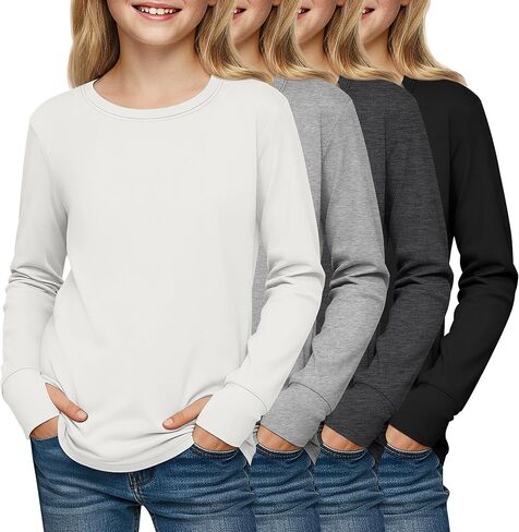 4 Pack Girls' Cotton Shirts with Thumb Holes Long Sleeve Basic Crew Neck Tops Casual Lightweight Tees 5-14Y in Saudi Arabia