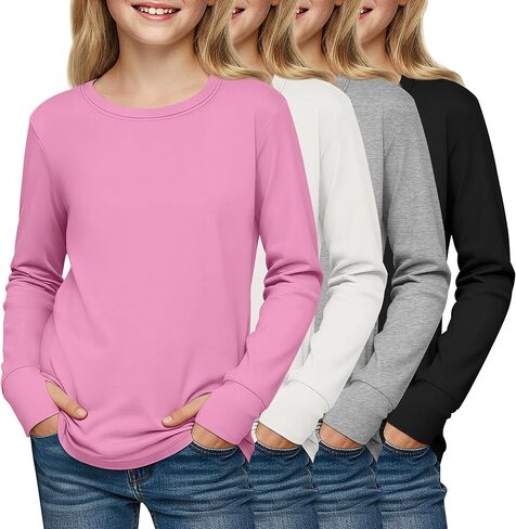 4 Pack Girls' Cotton Shirts with Thumb Holes Long Sleeve Basic Crew Neck Tops Casual Lightweight Tees 5-14Y in Saudi Arabia
