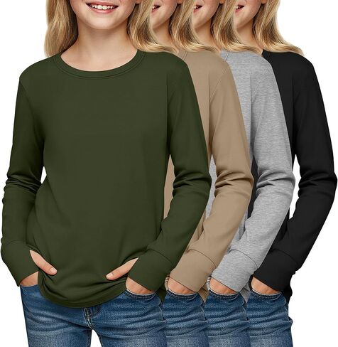 4 Pack Girls' Cotton Shirts with Thumb Holes Long Sleeve Basic Crew Neck Tops Casual Lightweight Tees 5-14Y in Saudi Arabia