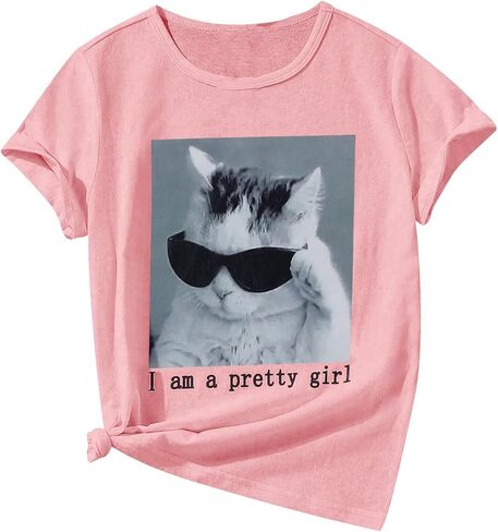 SOLY HUX Girl's Cute Cat Graphic Tees Letter Print Short Sleeve T Shirts Preppy Clothes Summer Tops in Saudi Arabia