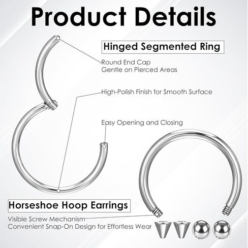 6 Pcs Nose Septum Rings 16G Horseshoe Lip Earring Ring Hoops Nose Piercing Jewelry 8mm 10mm 12mm Eyebrow Hoop Rings Piercing Jewelry in Kuwait