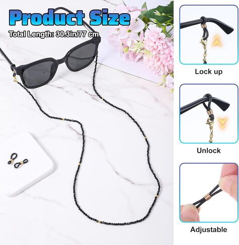 Crystal Beaded Eyeglasses Chain for Women and Men, Beaded Eye Glasses Strap Holders, Beadeds Glasses Chain, Eyeglasses Holders Around Neck, Stylish Sunglass Holder Strap (Black，30 Inches) in Saudi Arabia